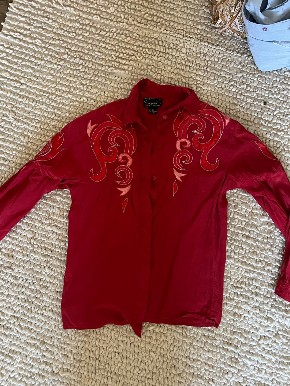 Vintage Suzelle Red Embroidered Button-Down Shirt